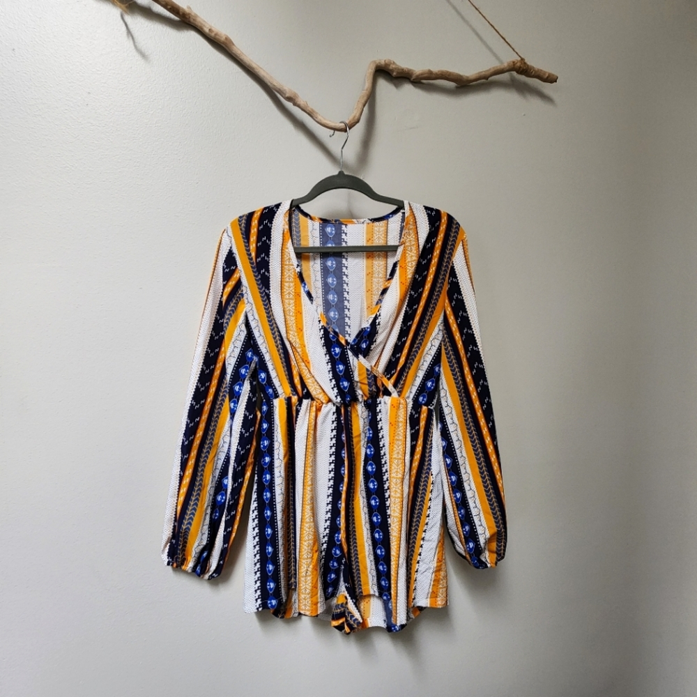 Vertical Striped Blue Yellow White Waist Hugging Romper